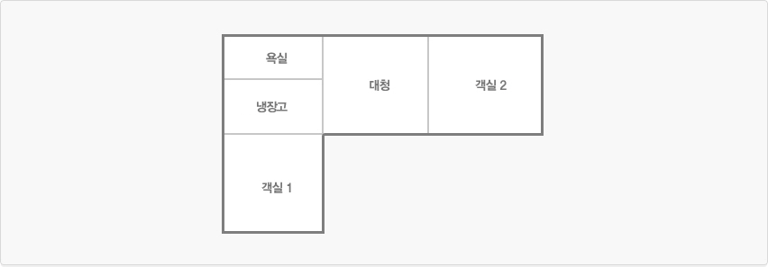 유구관/유구관 객실 평면도 이미지로 객실1, 냉장고, 욕실, 대청, 객실2가 있습니다.